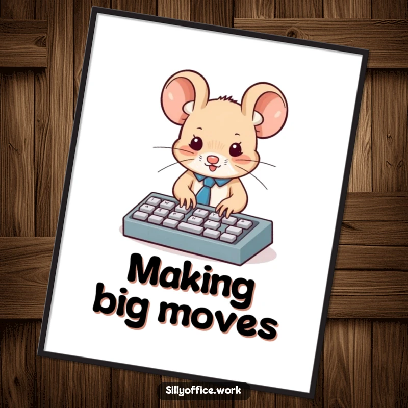 Funny poster: A small mouse in a tiny tie is actively typing on a miniature keyboard, exuding dedication.