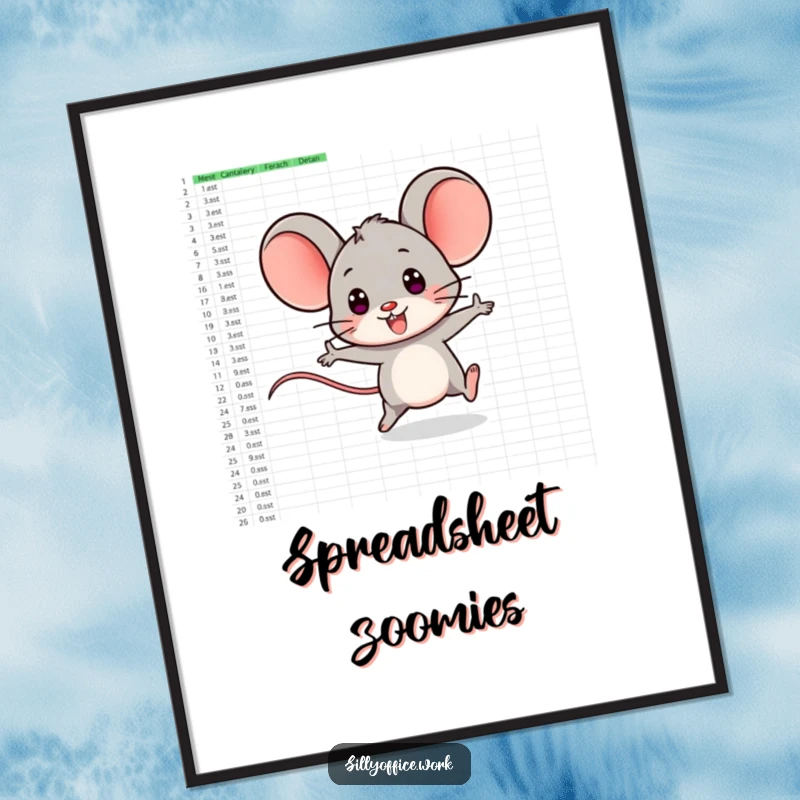 Funny poster art of a smiling computer mouse character zipping playfully across a large, detailed spreadsheet.