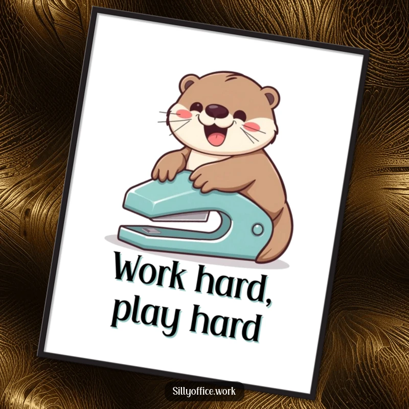 Funny poster: A gleeful otter slides down a stapler, embodying pure joy and office-related silliness.