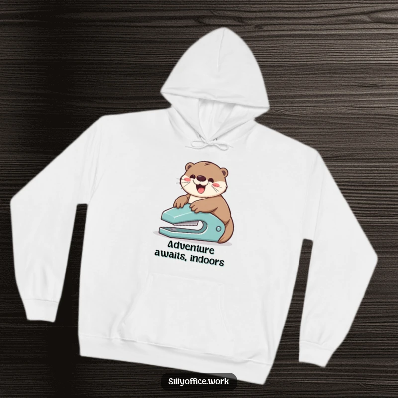 Funny hoodie: A joyful otter slides down a stapler with pure glee, embodying playful spirit and office fun.