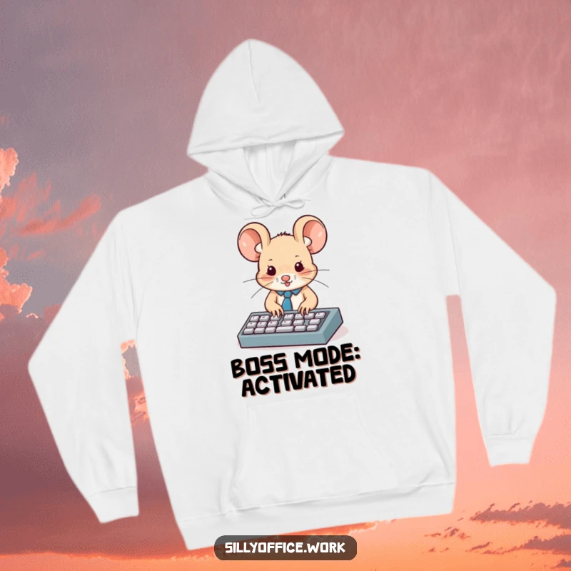 Funny hoodie: A small, tie-clad mouse enthusiastically types on a miniature keyboard, radiating focus and charm.