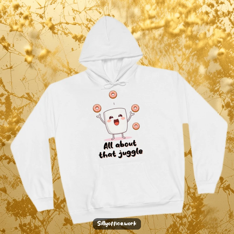 Funny and cozy hoodie featuring a cheerful coffee mug character juggling three sweet donuts, perfect for warm and humorous lounging.