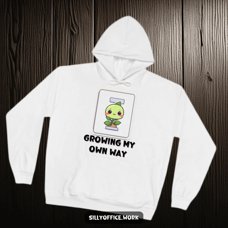 Funny and warm hoodie featuring a curious little plant character peeking from a filing cabinet, ideal for cozy, humorous days.
