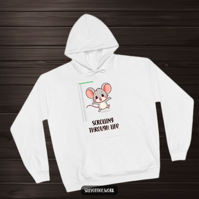 Funny hoodie depicting a smiling computer mouse character zipping playfully across a large, complex spreadsheet.