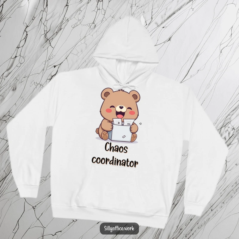 Funny kawaii bear shredding documents with a wide grin, featured on a warm hoodie, blending comfort and stress relief.