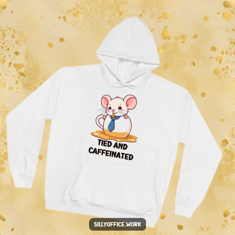 Funny kawaii mouse in a tie spilling coffee from a big mug, featured on a warm hoodie, blending comfort and humor.