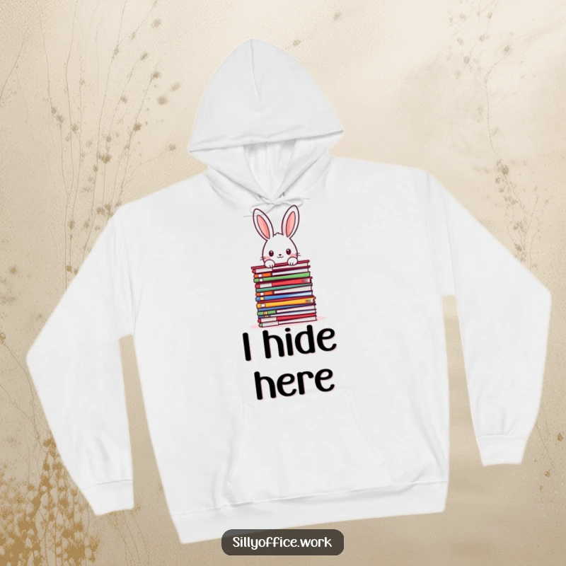 Funny kawaii rabbit peeking over a towering stack of colorful files, featured on a warm hoodie, blending comfort and office humor.