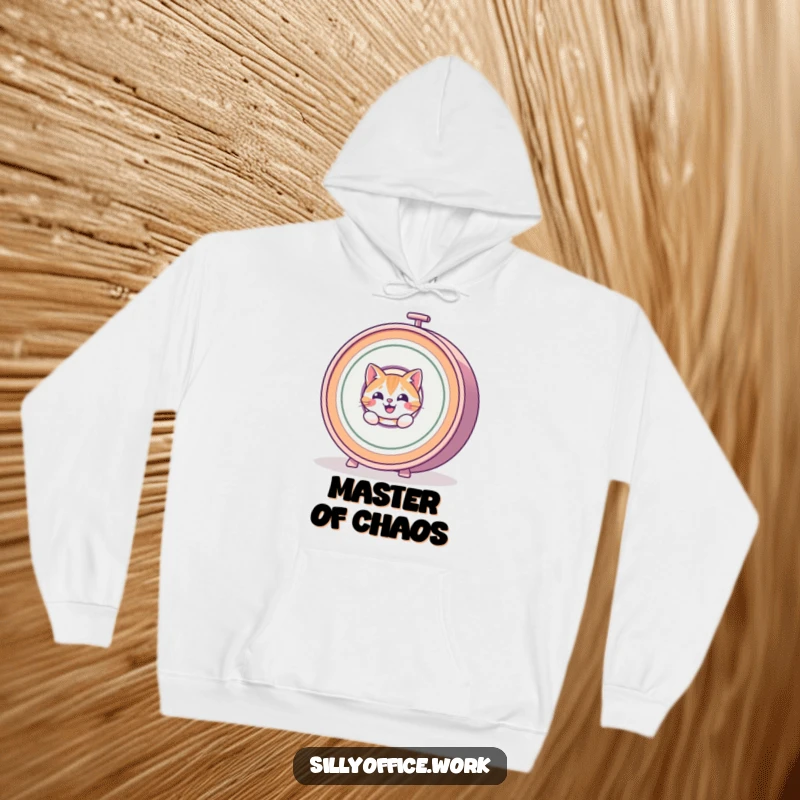 Funny Cat Hoodie: A curious cat peeks from behind a dizzying, spinning rolodex, perfect for cozy, humorous moments.