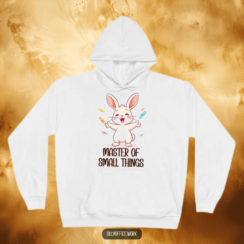 Funny hoodie: A cheerful bunny joyfully juggles colorful paper clips, embodying playful spirit and office fun.