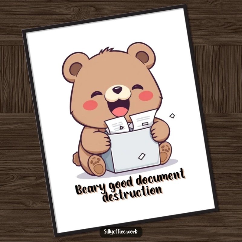 Funny Free Printable Wall Art: A happy kawaii bear enthusiastically shredding stacks of paper with a wide, joyful grin, a humorous wall decoration.