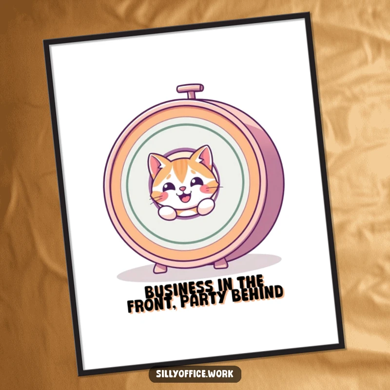 Funny Free Printable Wall Art: A happy cat peeks from behind a giant, spinning rolodex, adding whimsical charm to any room.