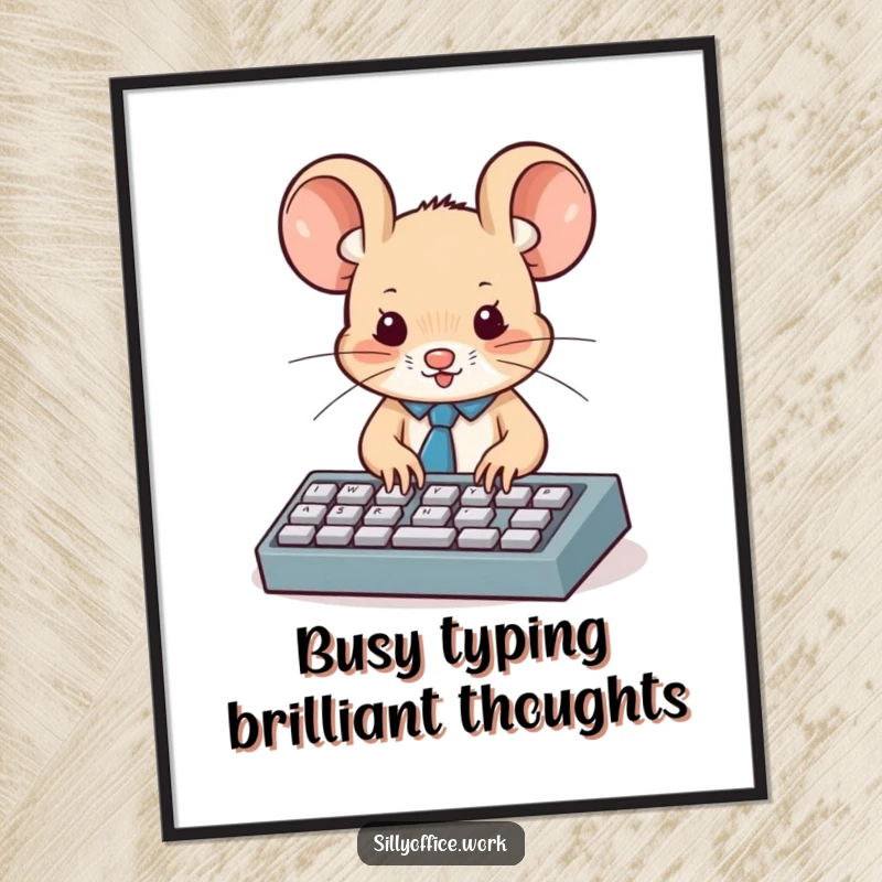 Funny Free Printable mouse in a tiny tie, typing energetically on a miniature keyboard, professional downloadable wall art.