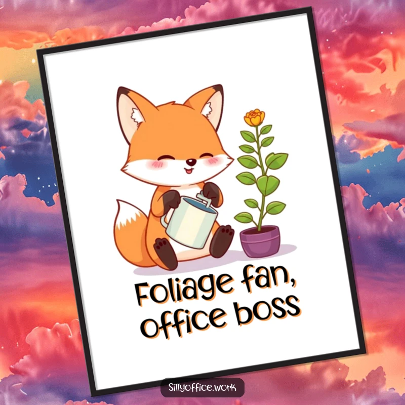 Funny Free Printable Wall Art: Cute Kawaii Fox watering a miniature office plant with great zeal, a humorous art piece.