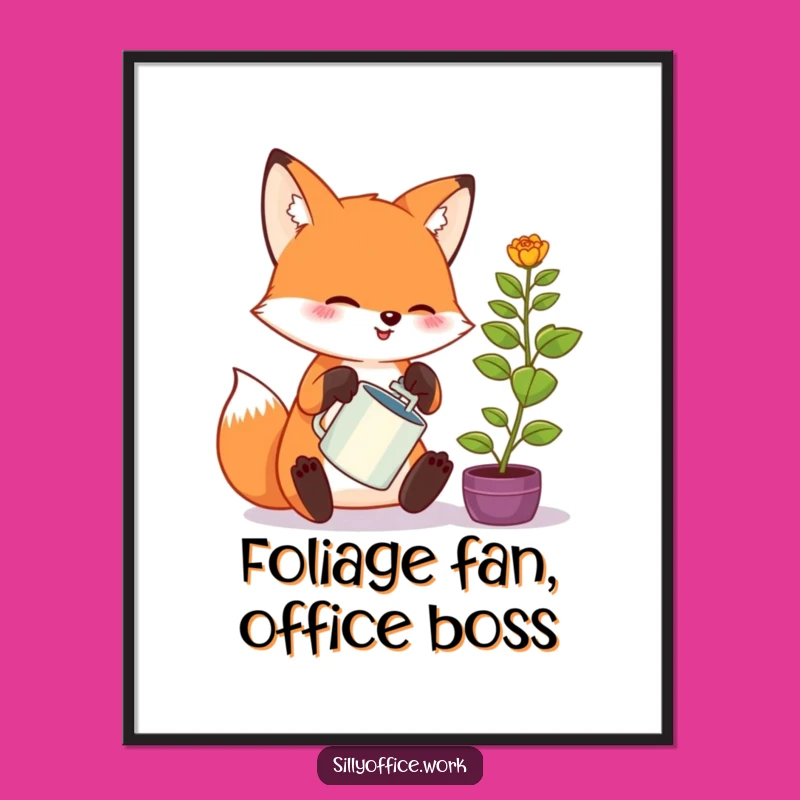 Free Printable Wall Art: Amusing Kawaii Fox Watering Plant - Funny Downloadable Decor!