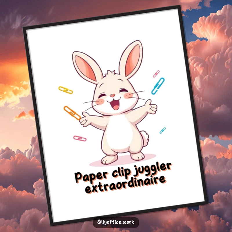 Funny Free Printable cheerful bunny energetically juggling a rainbow of paper clips, adding whimsical downloadable wall art.