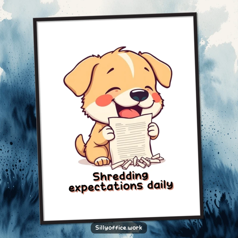 Funny Free Printable Wall Art: A little dog enthusiastically shreds a miniature document with tiny teeth, bringing playful destruction to your decor.