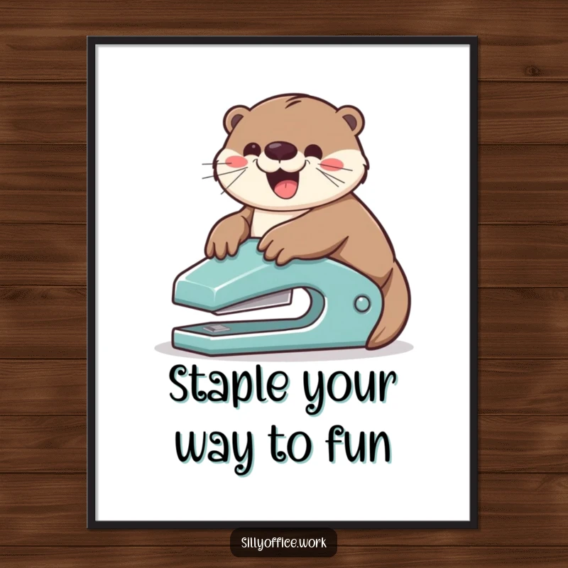 Funny Free Printable otter gleefully sliding down a stapler, adding a splash of playful mayhem to downloadable wall art.