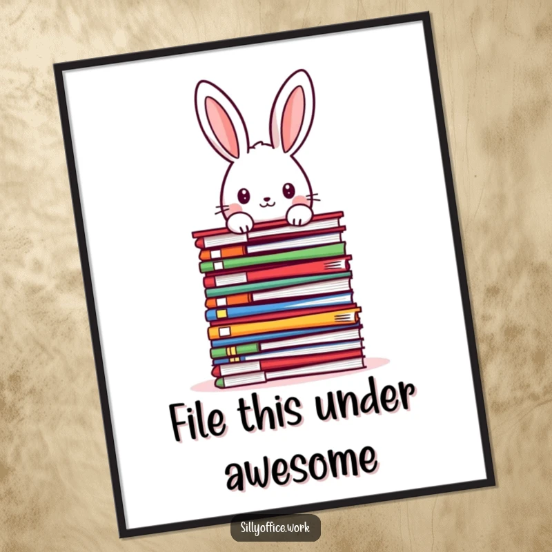 Funny Free Printable Wall Art: A kawaii rabbit peeking over a towering stack of vibrant files, a whimsical and humorous illustration.