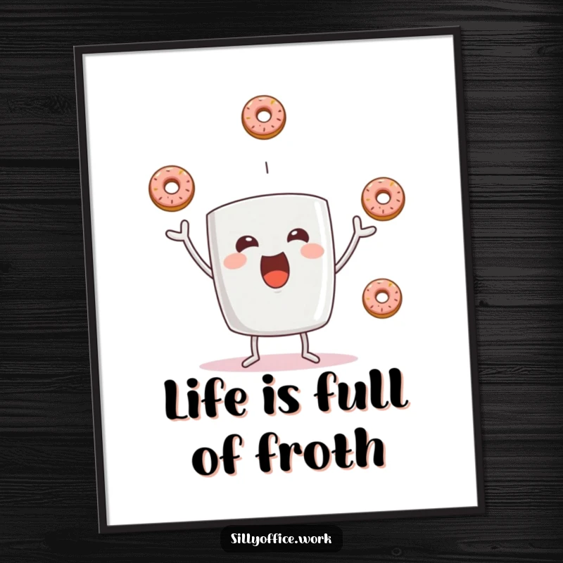 Funny Free Printable Wall Art: A delighted coffee mug character with a huge grin, juggling three delicious donuts mid-air.