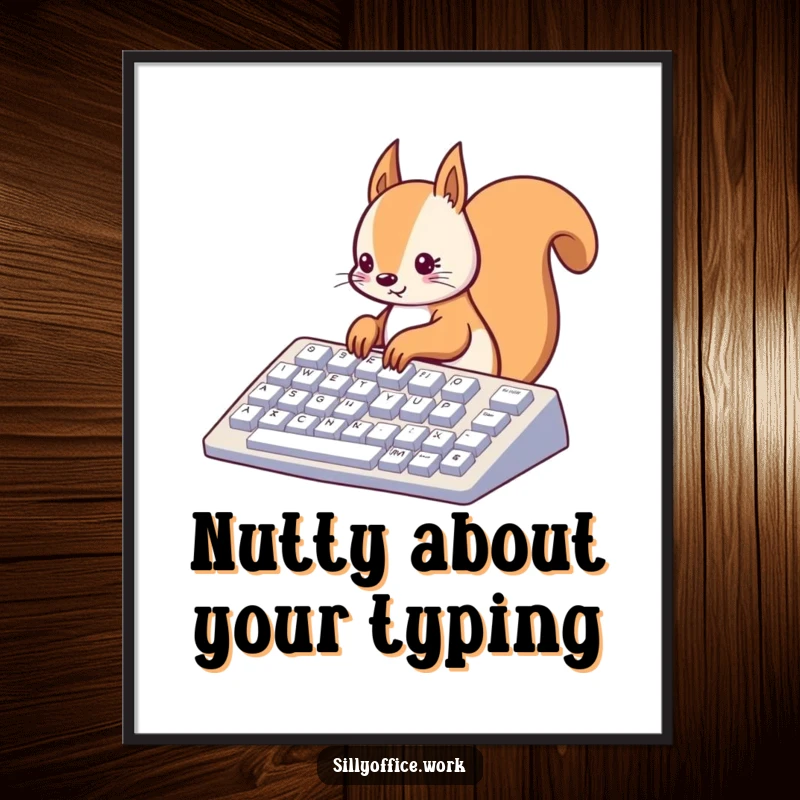 Funny Free Printable Wall Art: A focused kawaii squirrel diligently typing on a massive keyboard, a humorous take on productivity and work.