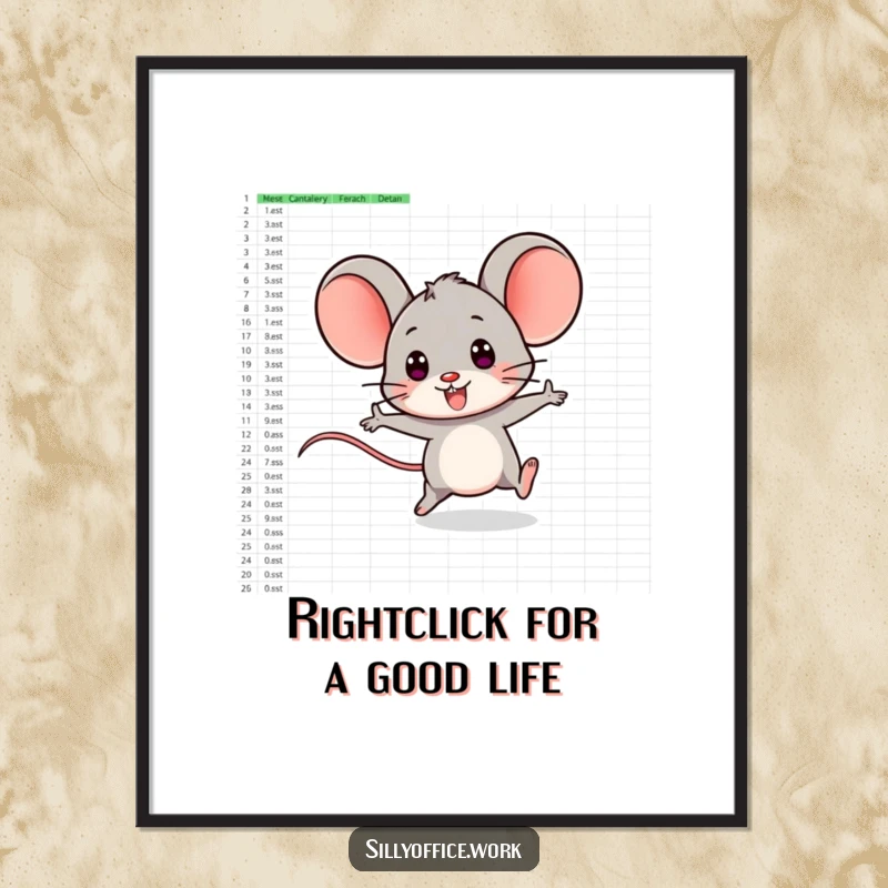 Funny Free Printable Wall Art: A smiling computer mouse character is depicted playfully zipping across a large spreadsheet.