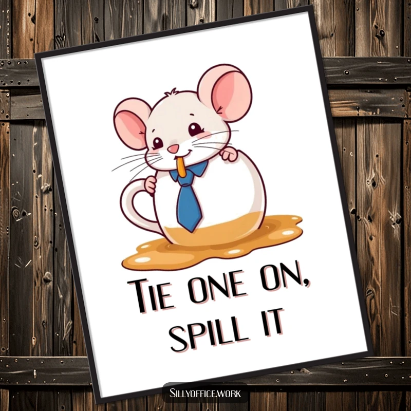 Funny Free Printable Wall Art: A kawaii mouse wearing a small tie accidentally spills coffee from a comically large mug, a humorous scene.