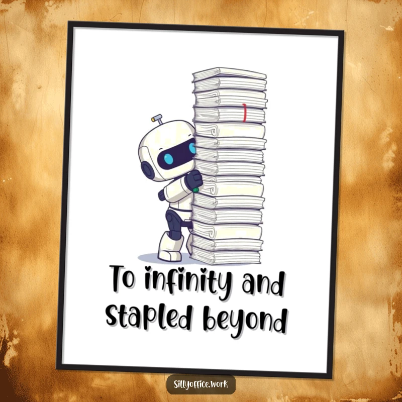 Funny Free Printable Wall Art: A cute robot is shown enthusiastically stapling a ridiculously tall stack of papers.