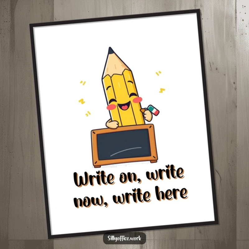 Funny Free Printable Wall Art: A cheerful pencil character is shown scribbling furiously on a tiny blackboard.