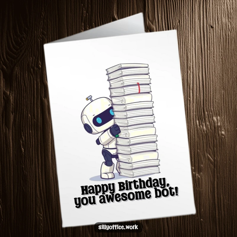 Funny Free Printable Birthday Card: Cute robot enthusiastically staples a ridiculously tall stack of birthday papers.