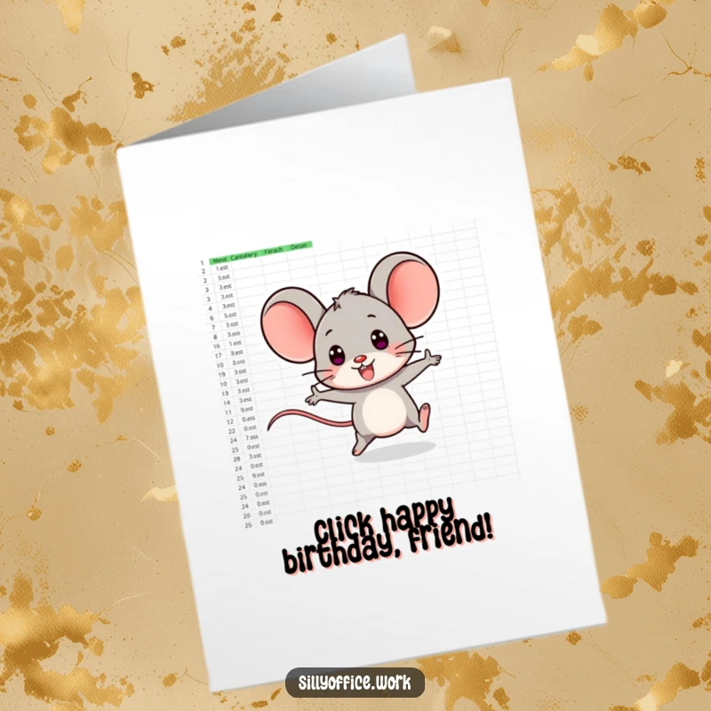Funny Free Printable Birthday Card: Smiling computer mouse character playfully zips across a large spreadsheet for a birthday message.