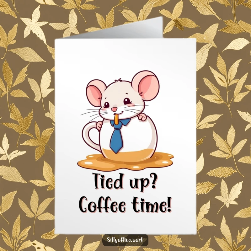 Funny Free Printable Birthday Card: A cute mouse in a tie spilling coffee from a huge mug, looking slightly embarrassed and oh-so-charming.