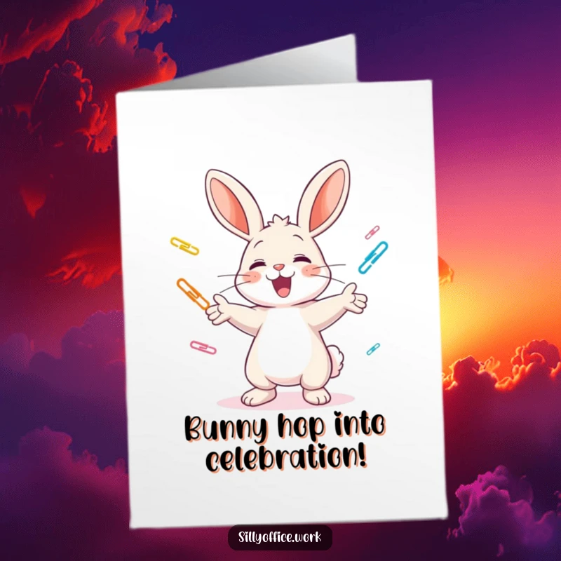 Funny Free Printable cheerful bunny excitedly juggling colorful paper clips, wishing happy birthday, a vibrant downloadable card.
