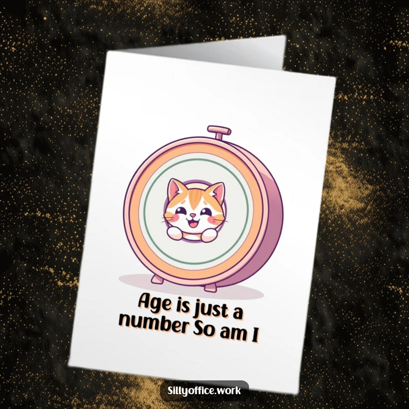 Funny Free Printable Birthday Card: A happy cat peeks from behind a giant, spinning rolodex, ready to deliver birthday wishes.