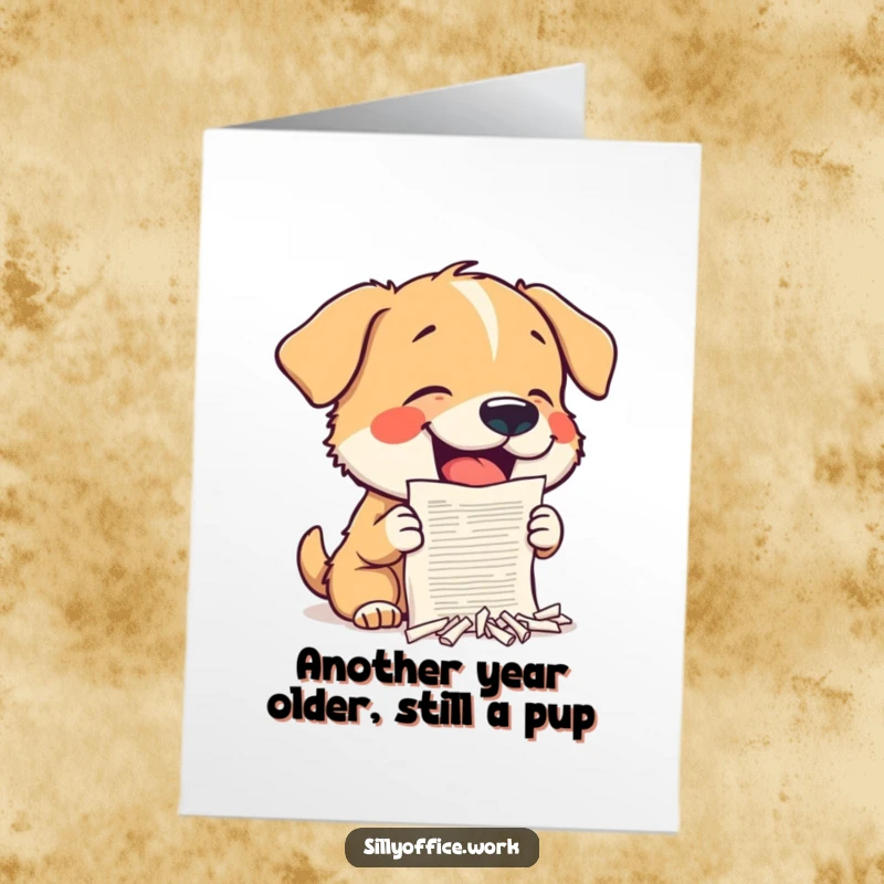 Funny Free Printable Birthday Card: A little dog joyfully shreds a miniature document with tiny, mischievous teeth. Happy Birthday!