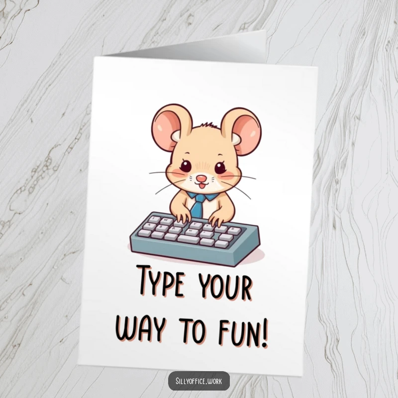 Funny Free Printable cute mouse in a tiny tie, typing fast on a miniature keyboard, ideal for a birthday downloadable card.