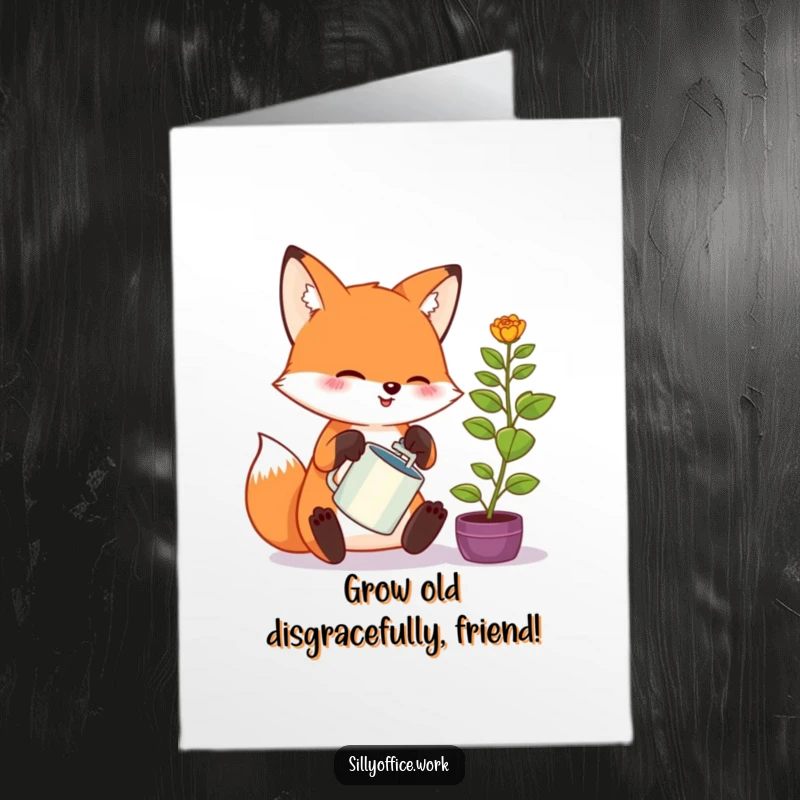 Funny Free Printable Birthday Card: Cute Kawaii Fox watering a tiny office plant with extreme enthusiasm, perfect DIY gift.