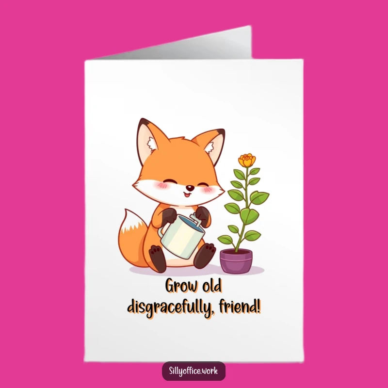 Free Printable Birthday Card: Funny Kawaii Fox Watering Plant - Perfect Downloadable Gift!