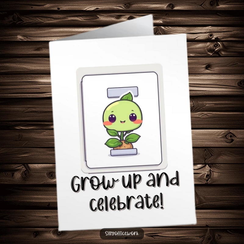 Funny Free Printable Birthday Card: A small, curious plant peeking its leaves out from behind a vintage filing cabinet drawer.