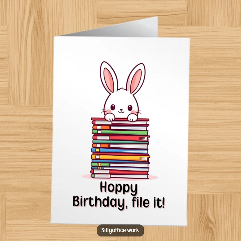 Funny Free Printable Birthday Card: A cute rabbit peeking over a huge pile of colorful files, looking slightly stressed but adorable.