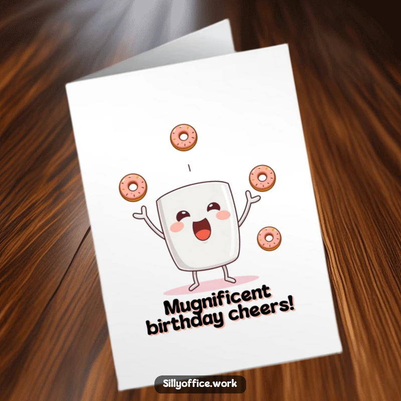 Funny Free Printable Birthday Card: A cheerful coffee mug character energetically juggling three tempting donuts with glee.