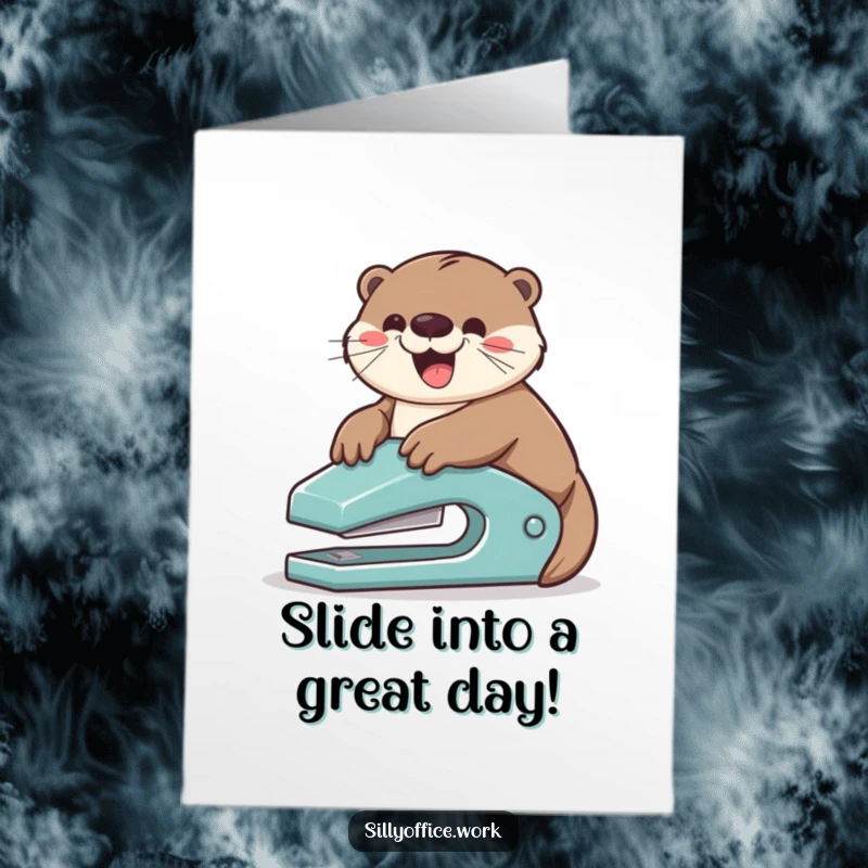 Funny Free Printable playful otter gleefully sliding down a stapler, celebrating a birthday, a zany downloadable card.