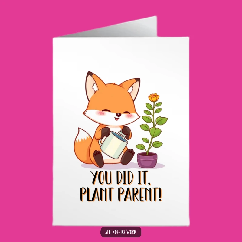 Free Printable Congrats Card: Amusing Kawaii Fox Watering Plant - DIY Downloadable Joy!