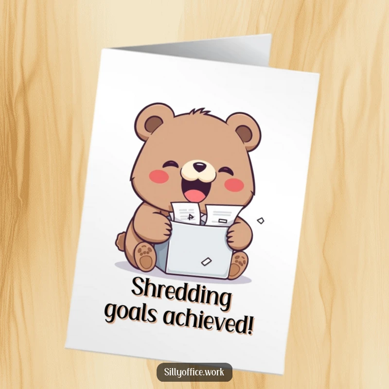 Funny Free Printable Congratulations Card: A kawaii bear with a wide grin enthusiastically shredding papers, a humorous take on overcoming obstacles.