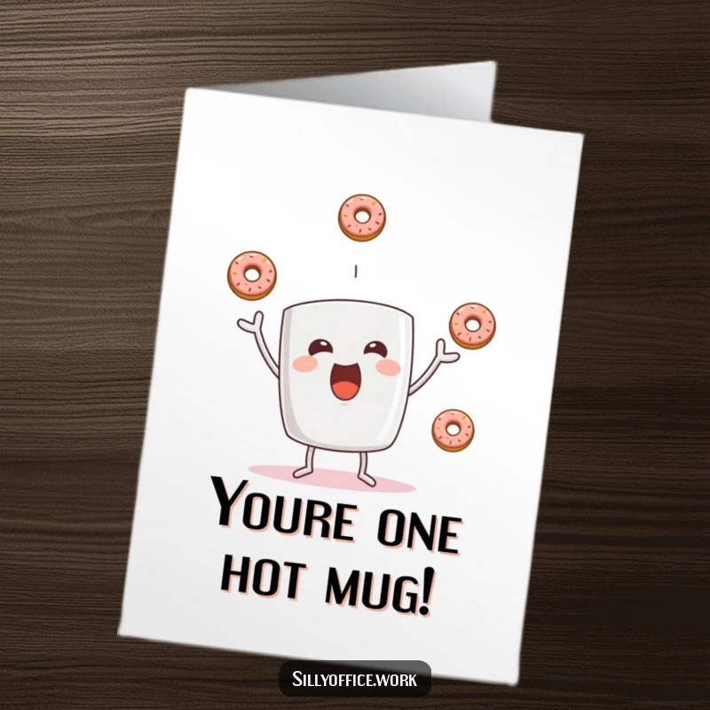 Funny Free Printable Congratulations Card: A coffee mug character comically juggling donuts, celebrating your big achievement.