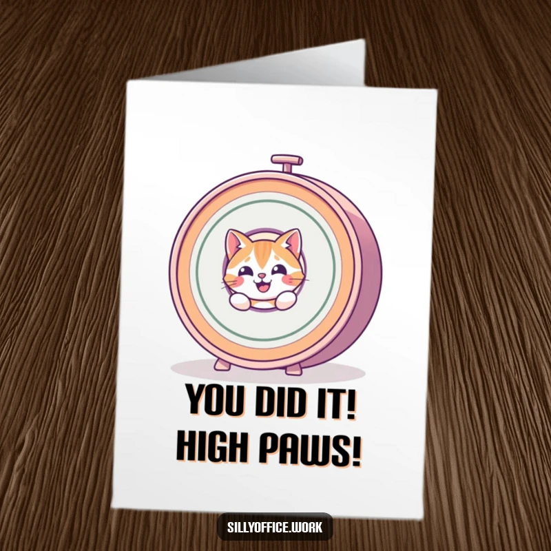 Funny Free Printable Congratulations Card: A happy cat peeks from behind a giant, spinning rolodex, celebrating your success.