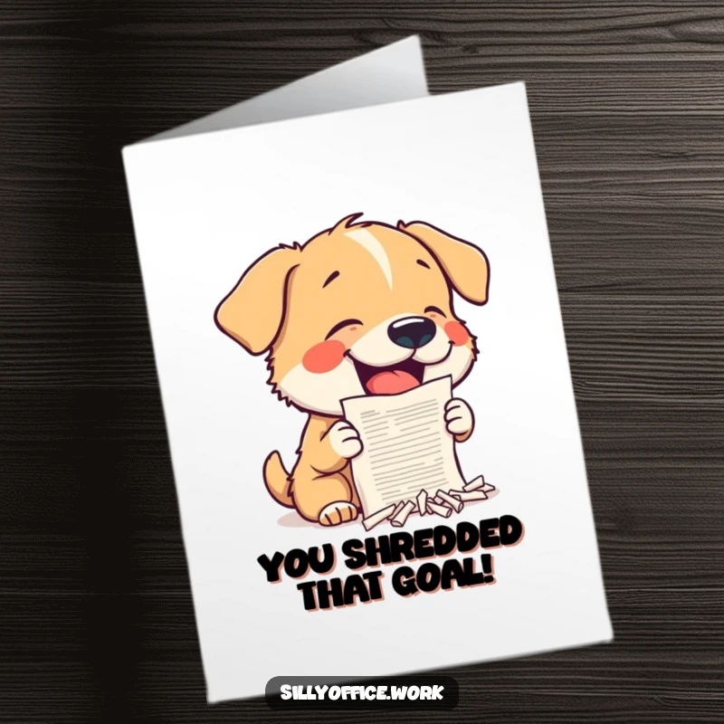 Funny Free Printable Congratulations Card: A little dog enthusiastically shreds a miniature document, celebrating your fantastic accomplishment.