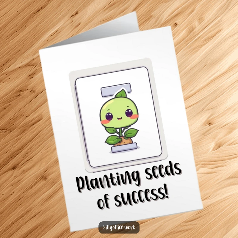 Funny Free Printable Congratulations Card: A little green plant character curiously peeking out of an open filing cabinet drawer.