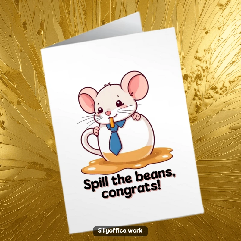 Funny Free Printable Congratulations Card: An adorable kawaii mouse in a tiny tie, comically spilling coffee from an oversized mug, a relatable mishap.