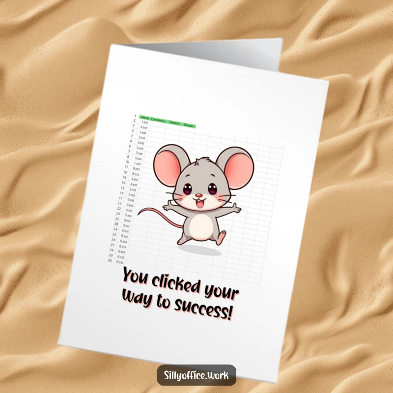 Funny Free Printable Congrats Card: A smiling computer mouse character joyfully zips across a vast spreadsheet, celebrating achievement.