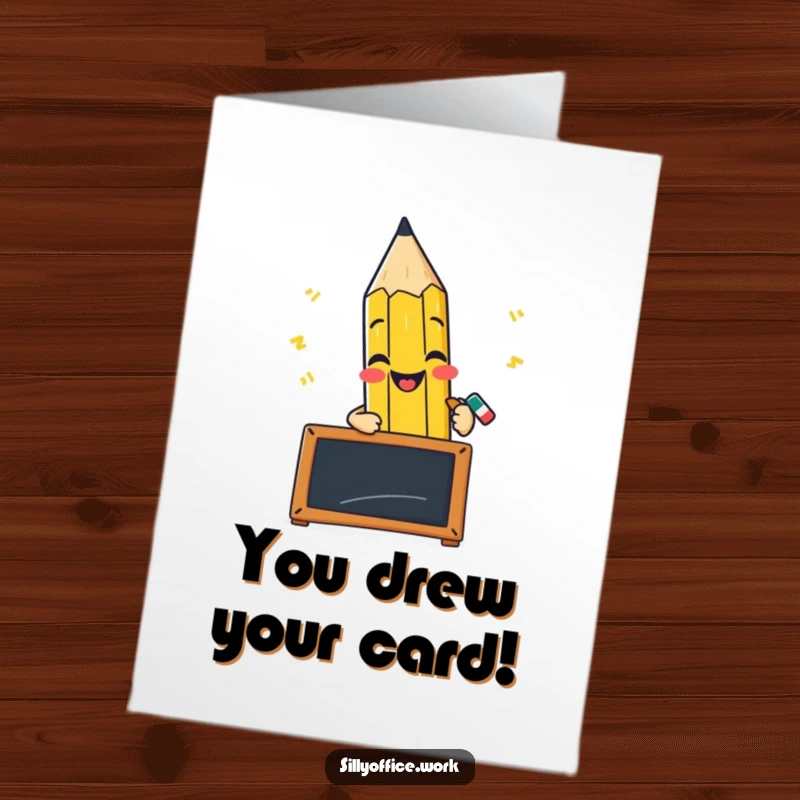 Funny Free Printable Congrats Card: A cheerful pencil character scribbles furiously on a tiny blackboard, celebrating achievement.
